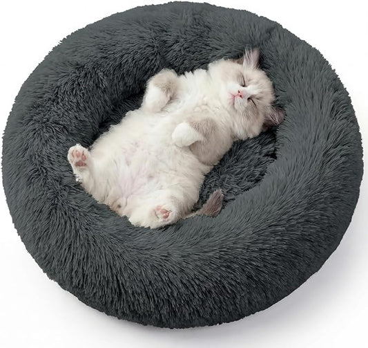Calming Dog Bed, 20" x 20" x 6" Fits Cat & Dog, Anti-Slip Round Washable Faux Fur for Doze Off, Napping Orthopedic, Dark Grey