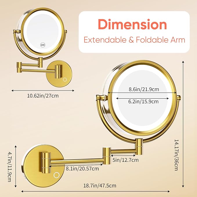GURUN 8.5" Plug-in Magnifying Makeup Mirror with 3 Tones Dimmable LED Lights Double Sided Touch Control Wall Mounted Vanity Mirror for Bathroom with 10X Magnification M1809DGJ-T (Brushed Gold)