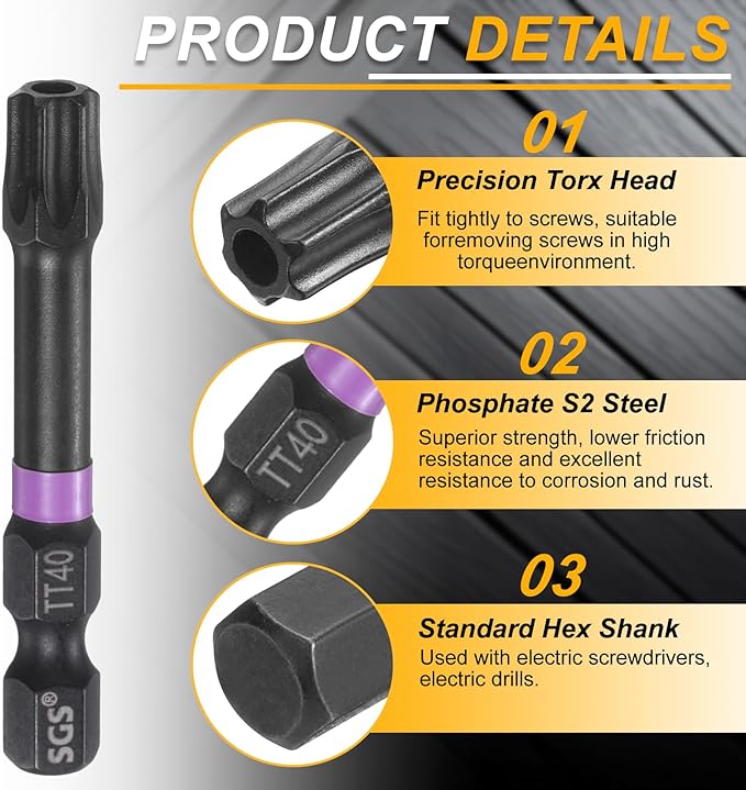 HARFINGTON TT40 Torx Head Impact Screwdriver Bits 1/4" Hex Shank 2" (50mm) Long Magnetic Tamper Proof 6 Point Star Screw Driver Drill Bits Phosphate S2 Steel Power Tools with Hole