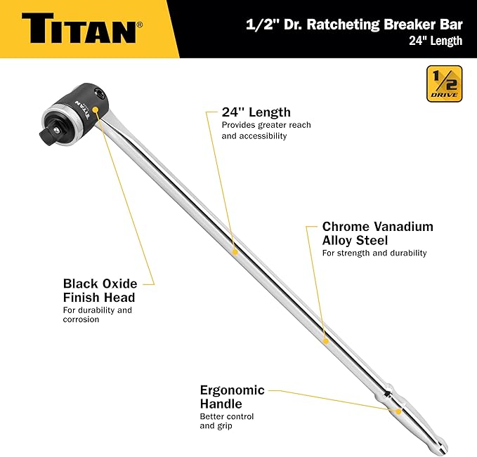 Titan 12024 1/2-Inch Drive x 24-Inch Heavy-Duty Ratcheting Breaker Bar with 180-Degree Swivel Head
