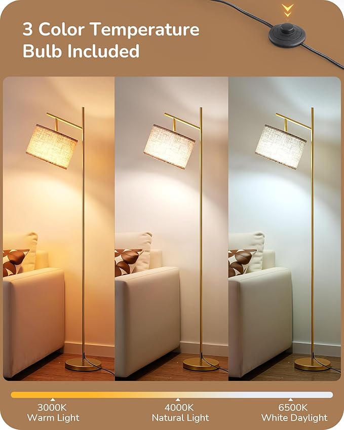 EDISHINE 64.7" Modern Minimalist Floor Lamps for Living Room with 3 Color Temperatures Bulb & Adjustable Linen Shade, Foot Pedal Switch, Tall Standing Lamp for Bedroom Office, Gold