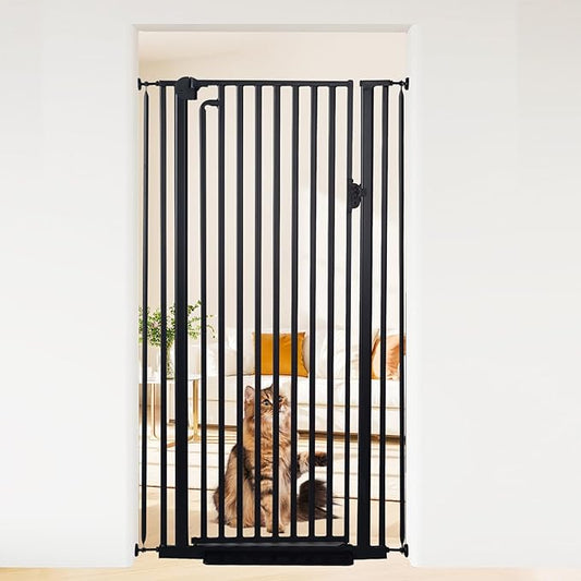 59“ Extra Tall Cat Gate for Doorway：29.4-33.4” Wide Pet Gate, Auto Close/One Handed Open, 1.34” Extra Small Gap, No Drill Pressure Mount Tall Cat Gate for Interior Stairs/Kitchens/Hallways (Black)
