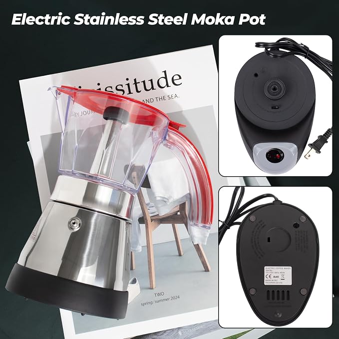 Electric Plastic Clear Moka Pot 3-6 Cup 150-300ml Mocha Pot | Stainless Steel Espresso Maker with Detachable Base Ideal Coffee Maker for Home Italian and Cuban Café Coffeemaker Red