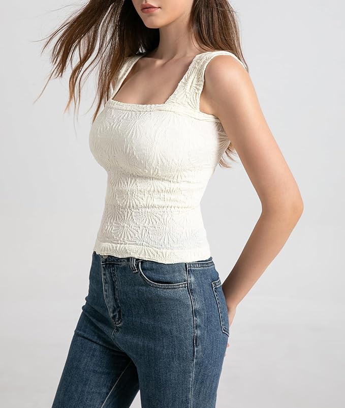 Women's Square Neck Wide Strap Crop Tank Tops Flower Going Out Tops Slim Fit Lettuce Trim Crop Cami Tops