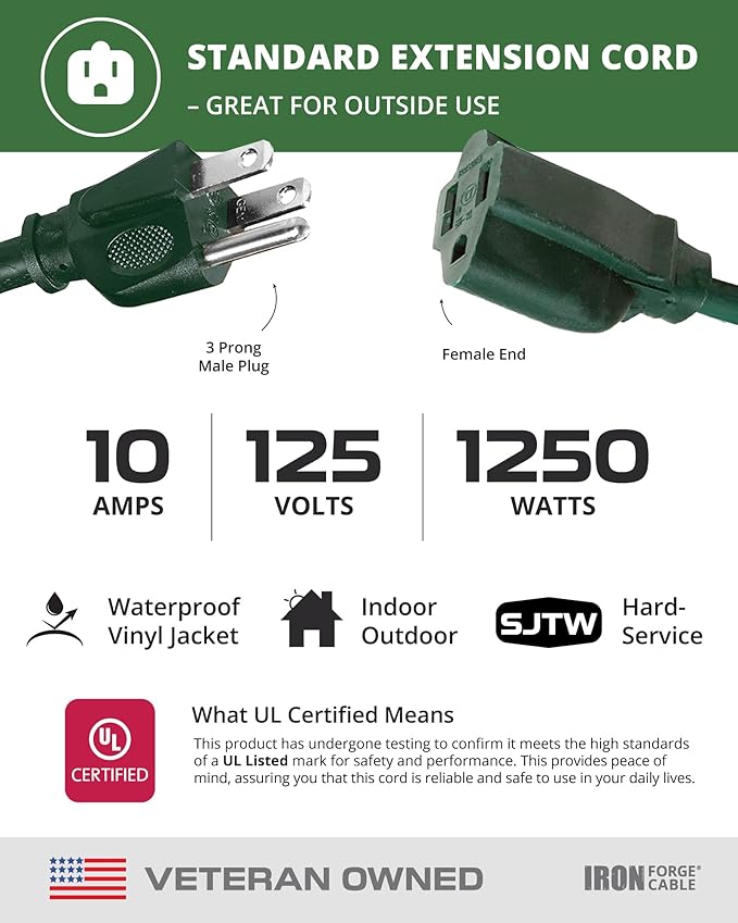 Iron Forge Cable Weatherproof 75 Ft Outdoor Extension Cord - 16/3 SJTW Heavy Duty Green Extension Cord 3 Prong - 10 Amp Exterior Power Cable