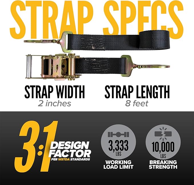 US Cargo Control Twisted Snap Hook Ratchet Strap 2 Inch x 8 Foot, 10,000 LBS Break Strength, Car Tie Down Straps for Trailers, Tie Down Cars, Motorcycles, Race Cars - Low-Profile Ratchet