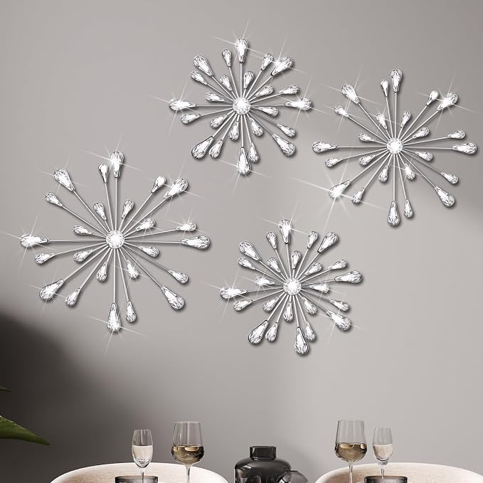 Hicarer 4 Pcs Starburst Wall Decor Bling Wall Art Crystal Teardrop 3D Hanging Rhinestone Radial Metal Artwork Modern Accent Sculptures Decorations for Living Room Home Office Bedroom(Silver)