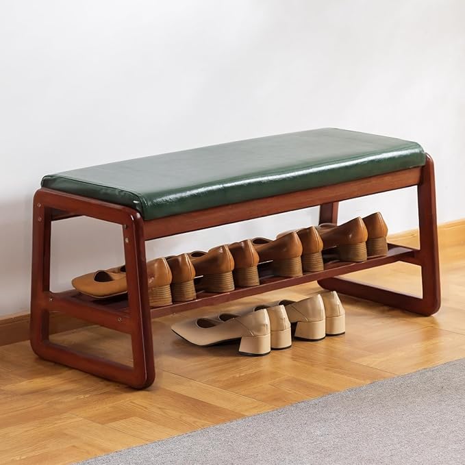 latifolia Solid Wood Bench, Entryway Shoe Bench with Cushion, 2 Tier Shoe Storage Organizer for Hallway, Living Room(Green,31.50''L)