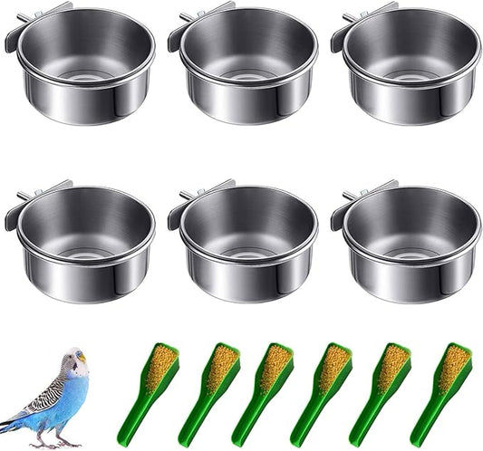 6 pcs Bird Feeding Dish Cups, Parrot Stainless Steel Food Bowl Cage Water Feeder with Clamp Holder for Parrots Cockatiel Budgies Lovebird Parakeet Feeding Cups with 6 Spoon