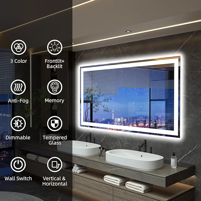 55"x 30" LED Bathroom Mirror with Lights, Double Lighting Sources Dimmable, Anti-Fog Vanity Mirror with Lights, Lighted Bathroom Vanity Mirror for Wall Tempered Glass (Horizontal/Vertical)