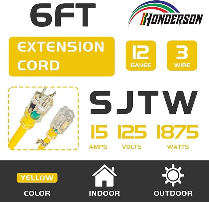 Indoor Outdoor Extension Cord Weatherproof with Lighted End, UL Listed, 12 Gauge 6FT Yellow 3 Prong Heavy Duty, 12/3 SJTW 15A Power Cord for Outdoor Lights, Lawn