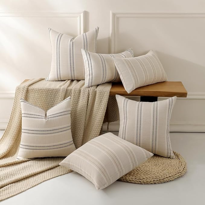 Hckot Stripe Throw Pillow Covers 26x26 Large Square Navy Blue Pillow Cover | Farmhouse Decorative Pillows Textured Linen Euro Sham Cushion Covers for Sofa Couch Bed Living Room Decor