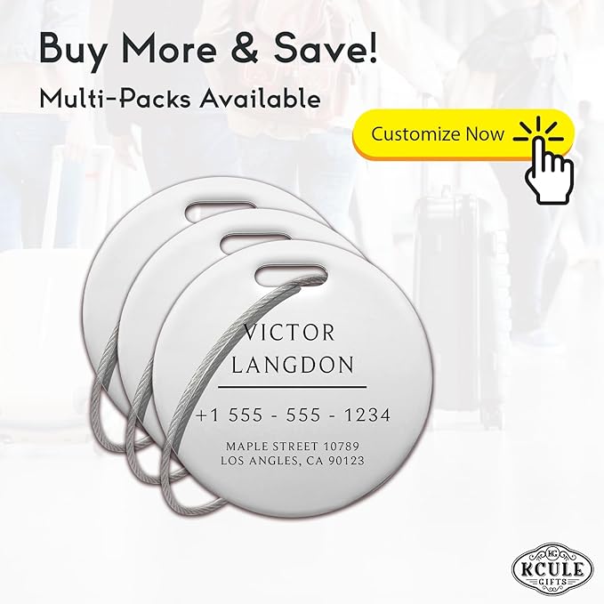 Stainless Luggage Tags for Suitcases: Metal Personalized Luggage Tags and Bags with Customizable Texts (Silver)