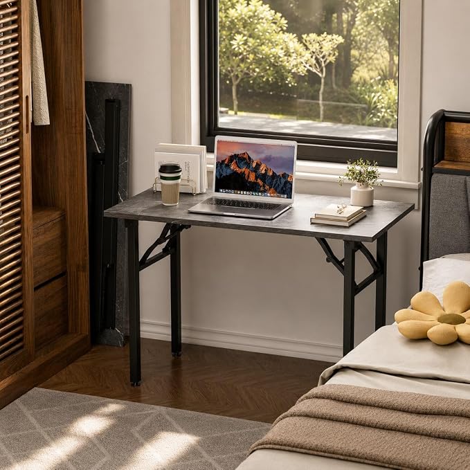 Folding Table Computer Desk - 43.3" No Assembly Folding Desk Design and Foldable Office Desk, Small Desk for Bedroom, Compact Storage Portable Use for Dorm and RV Small Space, Marble Greige