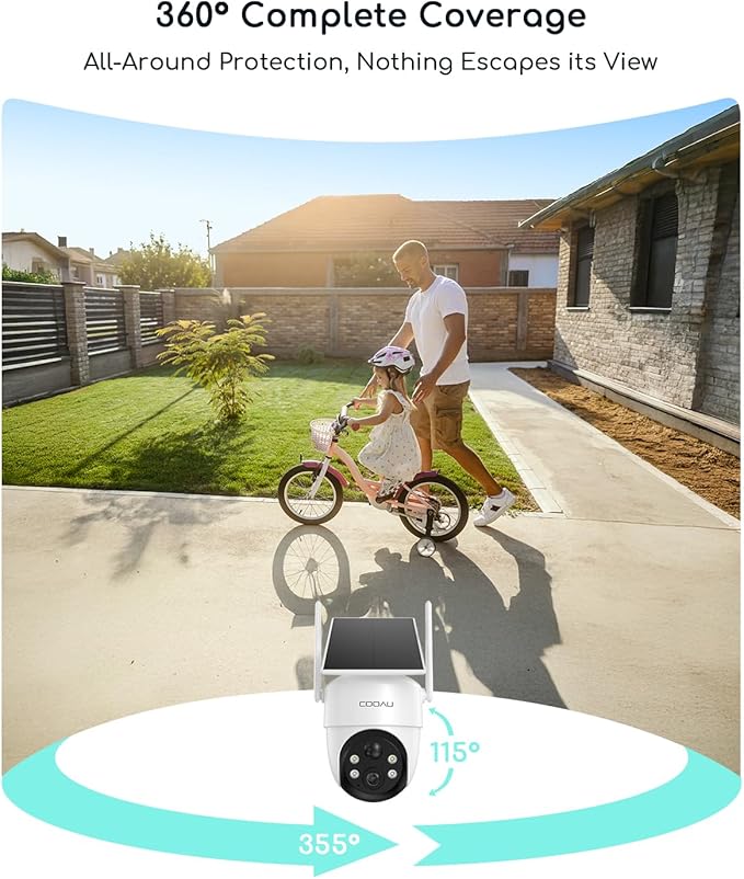 COOAU Cameras for Home Security, 2K 360° Solar Security Cameras Wireless Outdoor, Low-Light Rechargeable, Easy to Install, Surveillance Cam with AI Smart Detection,Color Night Vision,Two-way Audio