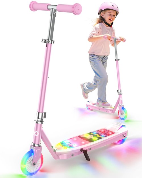 Gyroor KS2 Kids Electric Scooter with LED Lights – Safe 5 MPH Speed, Foot Sensor Start, Adjustable Handlebar, Fast Charging, for Ages 6–12,Pink