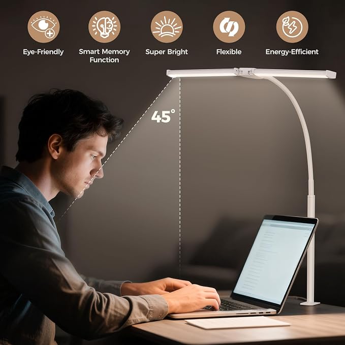 Voncerus LED Desk Lamp for Home Office, Double Head Desk Light with Clamp | 3 Modes 10 Brightness, Long Flexible Goose-Neck, Eye-Caring, Memory Function, Energy Efficient, USB Adapter, Metal, White