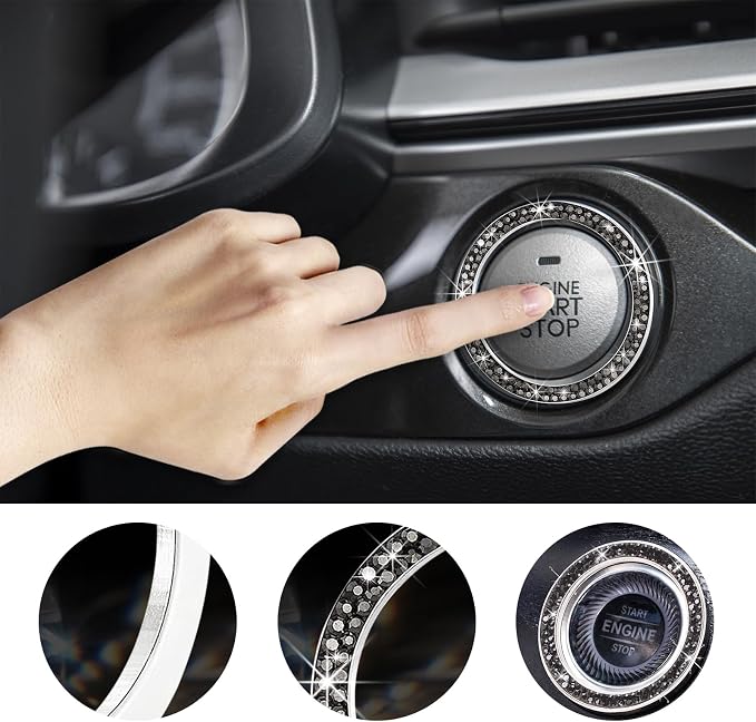 Kewucn 2 PCS Bling Crystal Double Rhinestone Car Engine Start Decoration Ring, Sparkling Push Start Button Sticker, Key Ignition & Knob Ring Decoration, Bling Car Interior Accessory(Bright Black)