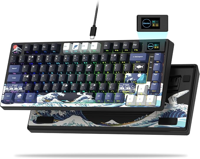 Womier SK80 75% Keyboard with Color Multimedia Display Gaming Keyboard | Creamy Sound Mechanical Wired Hot Swappable Gasket RGB Custom Key board, Pre-lubed Stabilizer for Mac/Win, Black Kanagawa