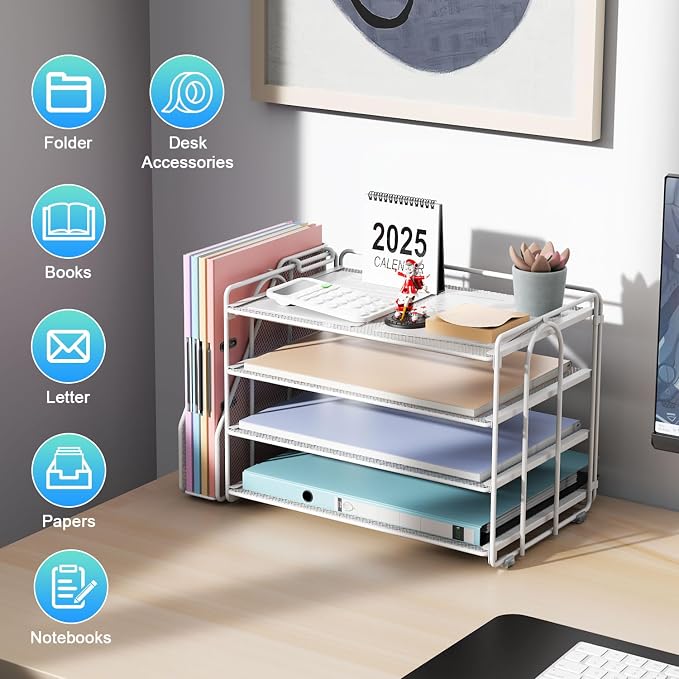 gianotter 4-Tier Paper Organizer With Magazine Holder | Desk Organizers and Accessories, File Organizer for Office Supplies Storag (White, 4-Tier)