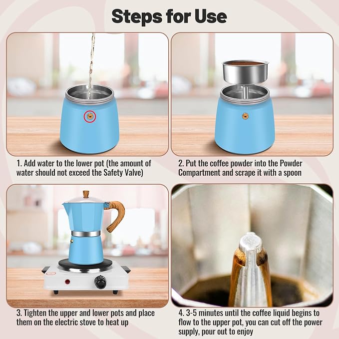 3 Cup Aluminum Moka Pot Classic Stovetop Espresso Coffee Maker 150ml 5oz Coffeemaker Percolator Mocha Pot Greca Coffee Maker Cafe Makers for Italian and Cuban Café Brewing Blue