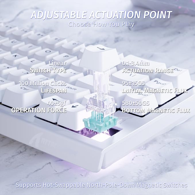 ATTACK SHARK X68 HE RT Mechanical Gaming Keyboard 60% Wired TKL-White | Adjustable Actuation,Hall Effect Magnetic Switch,8KHz Polling Rate,RGB Backlit,Top Mount, Web Driver for PC Mac Esport Gamer
