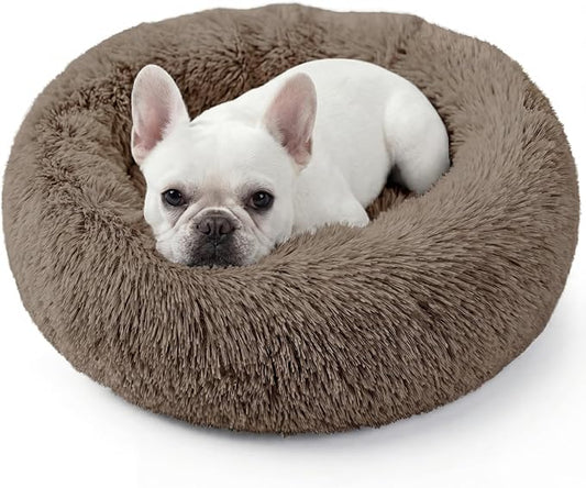 Calming Dog Bed, 24" x 24" x 6" Fits Cat & Dog, Anti-Slip Round Washable Faux Fur for Doze Off, Napping Orthopedic, Khaki