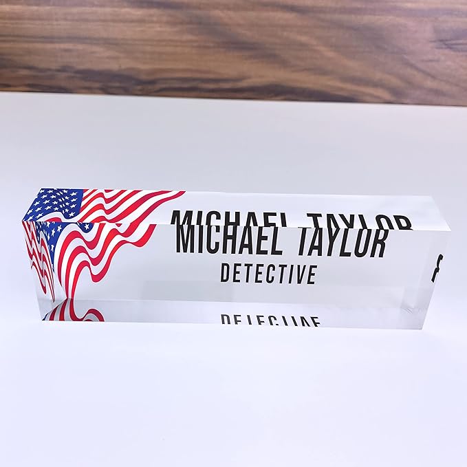 Artblox Office Desk Name Plate Personalized | Custom Name Plates for Desks | Us Flag Design On Clear Acrylic Glass | Office Desk Decor - (8" x 2.5")