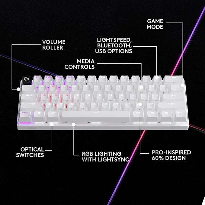 Logitech G PRO X 60% Wireless Gaming Keyboard (Tactile Optical) - White | Ultra compact TKL, for Windows PC, LIGHTSYNC RGB, dual-shot PBT keycaps, GX optical switches