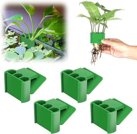 4 Pk Upgraded Aquarium Plant Holder, 3-Hole Hanging Plant Holder with Clip, Suitable for Fish Tank Potting, Aquarium Decoration, Green