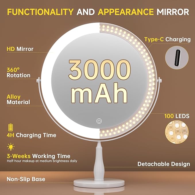 Professional 8" Large Lighted Makeup Mirror with Brighter Lights, 1X/10X True HD Magnifying Mirror with 3 Color Dimmable Lights, 92 Shadowless LEDs, 360°Swivel Seamless Vanity Mirror, White