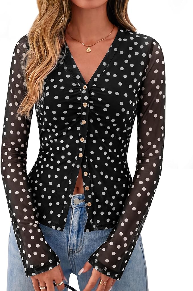 BTFBM Button Down Shirts for Women 2026 Fall Boho Tops V Neck Long Sleeve Blouses Ruched Mesh Fitted Fashion Clothing