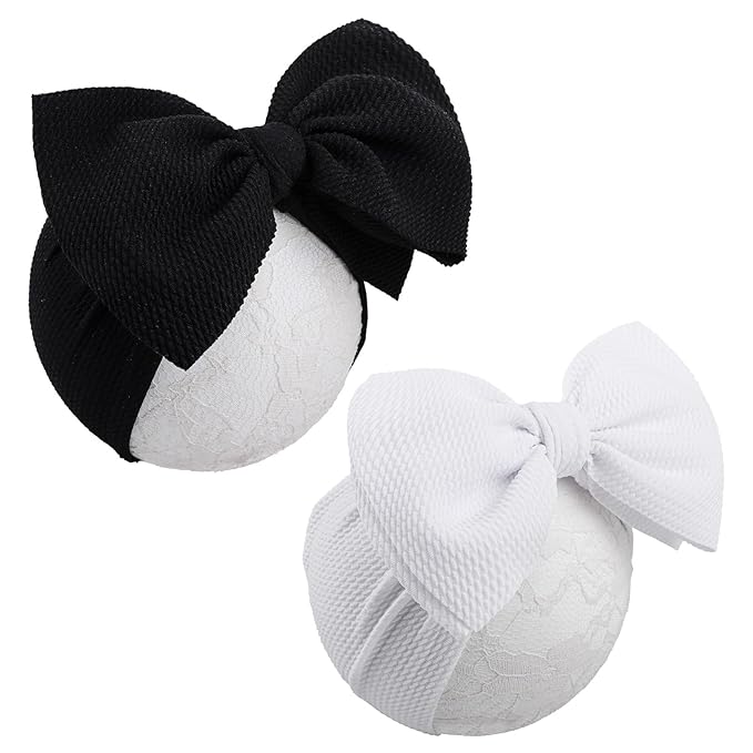 YanJie Hairband - Big Bows for Baby Girls Black & White, 2 Count (Pack of 2), Polyester, Hair Accessories, Unisex-Babies, Newborn, Infant, Toddlers, 0-6Months