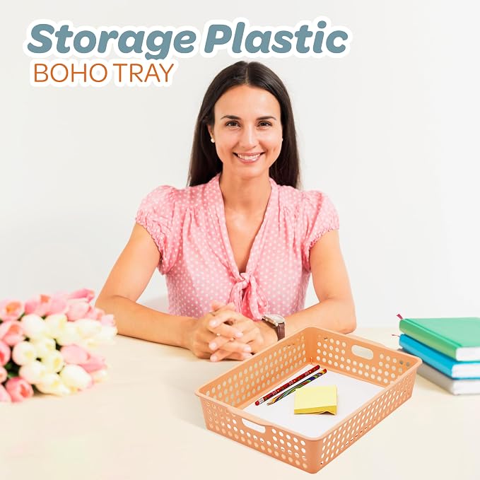 4E's Novelty 6 Pack Classroom Paper Baskets, Organizing Desk Boho Tray for A4 Papers, Classroom Storage Plastic Paper Bins, Fun Turn In Trays for Teachers and Students, Office Desk Room Trays