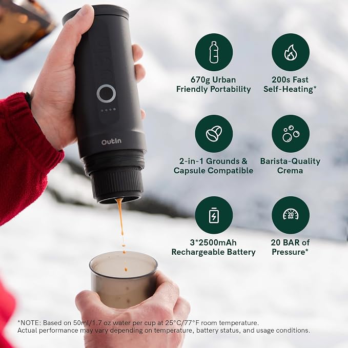 OutIn Nano Portable Electric Espresso Machine, Travel Coffee Maker | Self-Heating USB-C Car Coffee Maker for Ground Coffee & NS Capsules, Ideal for Camping, RV, Hiking and Office, Teal