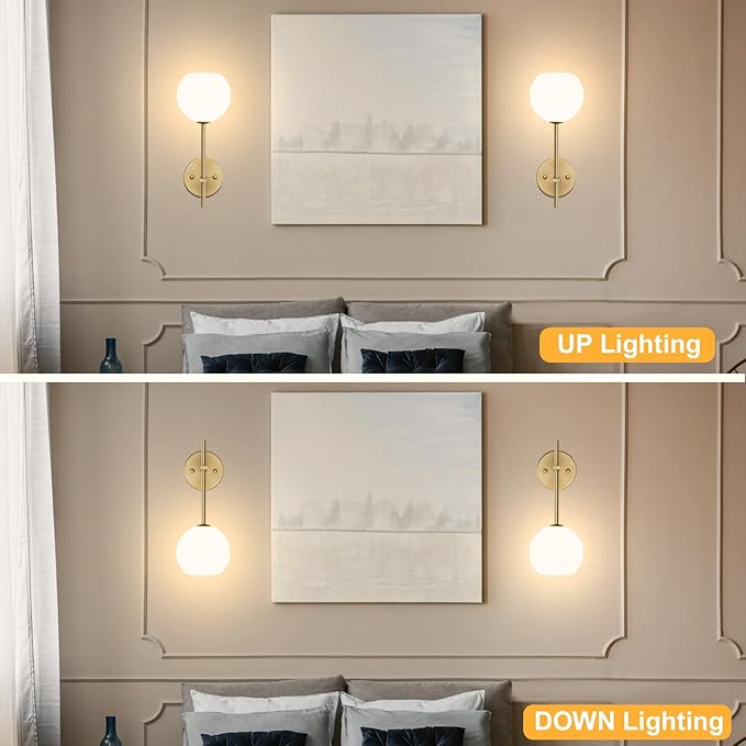 Gold Battery Operated Wall Sconces Set of 2, Rechargeable Wireless Wall Lights with Milky White Frosted Glass Shade, 12 RGB and 3CCT Dimmable, Wall Lamps with Remote for Bedroom Living Room Hallway