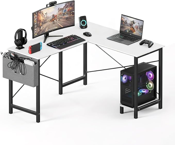 OLIXIS L Shaped Desk, 50-Inch Office Computer Gaming Desks Corner PC Table with Side Bag and Reversible Shelf for Home Work Study Writing White | Side Bag, Reversible Shelf, Home Work Study Writing, PC Workstation, Easy Assembly, White