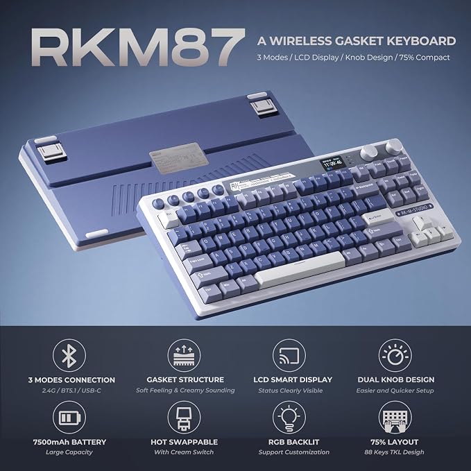 RK ROYAL KLUDGE M87 Wireless Gaming Keyboard with Screen & Dual Knobs, Blue | Bluetooth/2.4G/Wired, Hot Swappable Cream Switches, 5-Layer Noise Dampening Gasket Structure,Compact 75% Size for PC/WIN/Mac