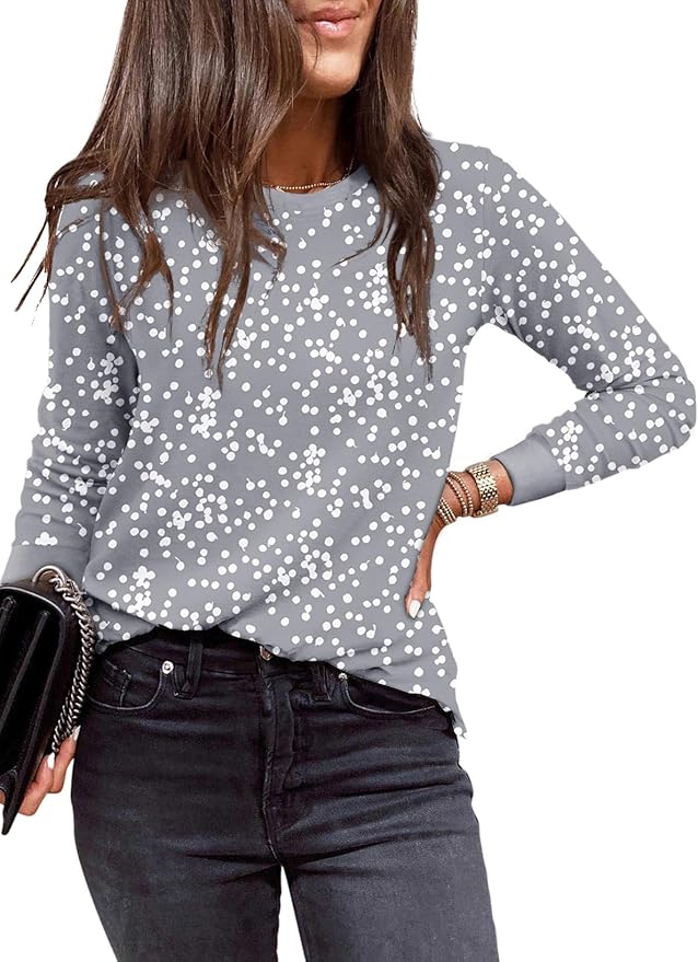 EVALESS Womens Crewneck Long Sleeve Tops Casual Polka Dots Tops Fall 2026 Tshirts Shirts