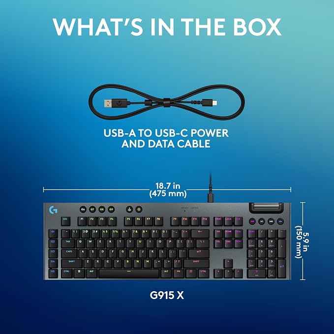 Logitech G915 X Wired Gaming Keyboard (Linear)- Black | Low Profile, Mechanical Switches, Double-Shot PBT Keycaps, RGB lighting, Aluminum finish, PC/Mac Compatible