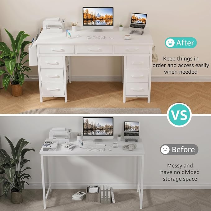 Lufeiya 47 Inch Computer Desk with 9 Drawers, Office Desk Work Desk for Home Office, Study, Writing, Vanity Desk with Fabric Drawers on Both Sides, Large Storage, White