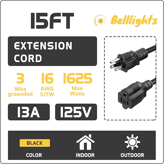 BELLLIGHTS 2-Pack 15ft Extension Cord 16 SJTW AWG Heavy Duty 3 Prong Power Cord