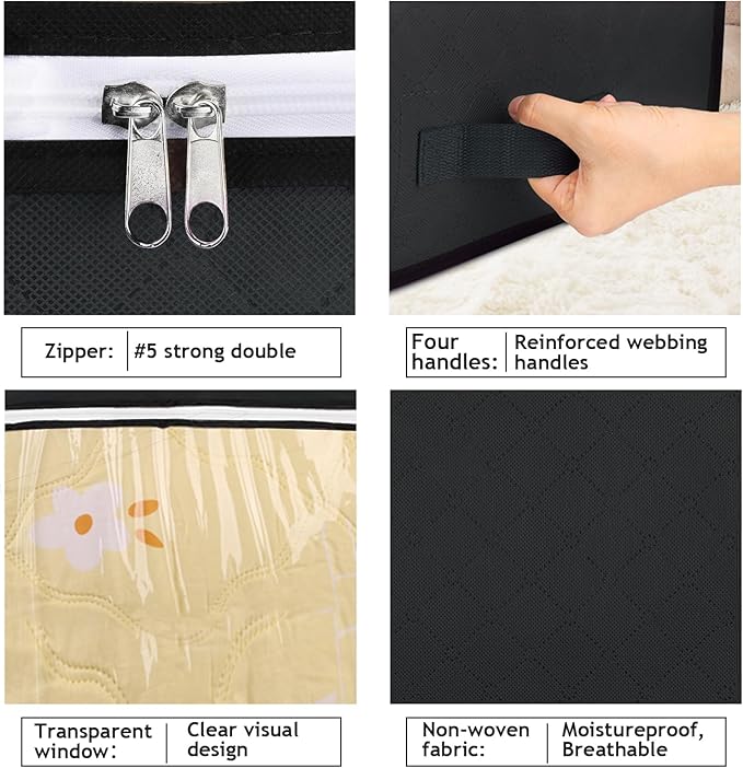 Budding Joy 90L Under Bed Storage Containers, Closet Organizers and Storage Bins, Foldable Underbed Storage Bags for Blankets, Towels, Comforter, Sweaters, Pillows, Linen Sheets, Wrapping Paper，Black