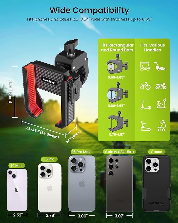 Golf Cart Phone Holder Mount - 3s Phone Clip Install, 1s Lock & Release，Phone Caddy for iPhone Galaxy & More Fits Yamaha Club Car EZGO Icon, Golf Cart Accessories Essentials Gift for Men Women