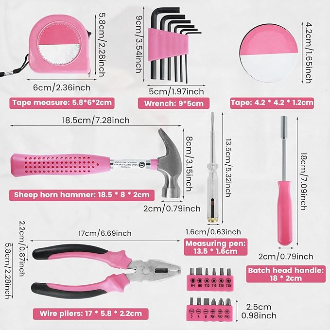 48pcs Small Tool Kit, Pink Mini Tool Kit for Women, Multi-Purpose Home Hand Tool Set with Case, Basic Household Tool Kit for College, Dorm, Office, Garage