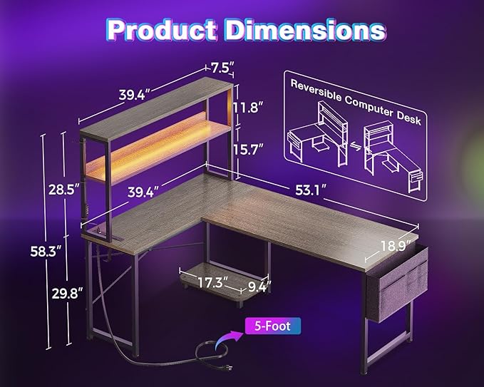 AODK L Shaped Desk Gaming Desk with LED Light & Power Outlet | 53 Inch Grey Oak Reversible L Shaped Computer Table with Shelf & Storage Bag & Hook for Home Office