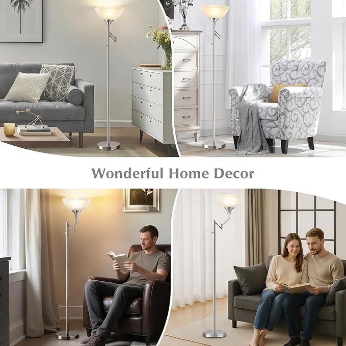 Floor Lamps for Living Room Silver, 70" Tall Standing Lamp with Glass Shade, Bedroom Floor Lamp with 350°Adjustable Swing Arm Lamp, Pole lamp for Bedroom, Living Room, Office, Bulbs Included