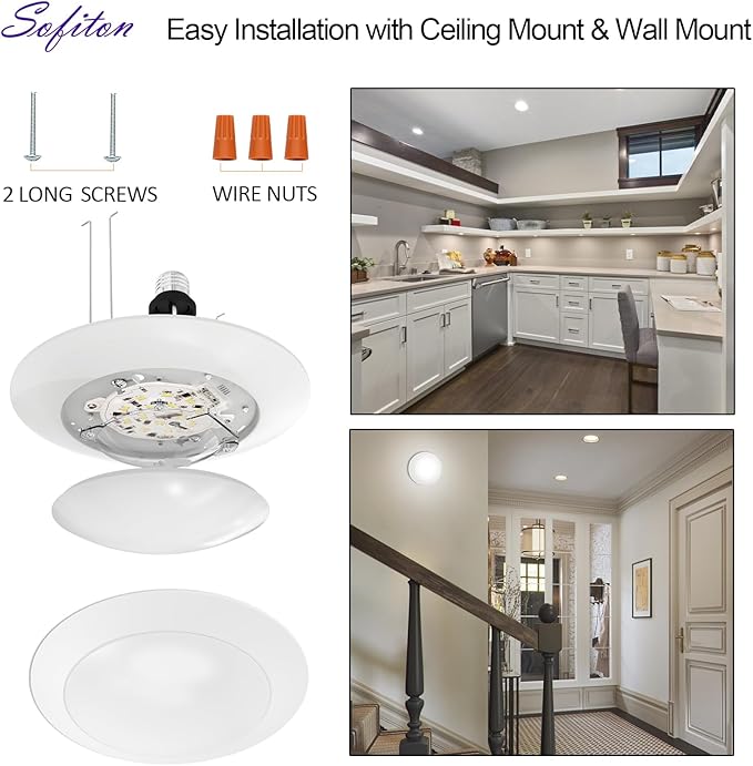 6-Pack 4 Inch Disk Lights, 2700K-5000K Adjustable, 10W, 650LM, CRI 90+, Dimmable 10%-100%, Wet Rated, Surface Mount LED Ceiling Light for Bathroom Kitchen, ETL Listed