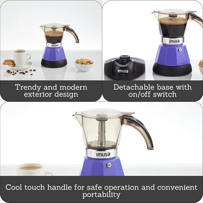 IMUSA 3 or 2 Cup Electric Espresso Maker with Cool-touch Handle, Purple | Bare Aluminum Finish, Detachable Base, Ideal for Espresso, Perfect for Everyday Use