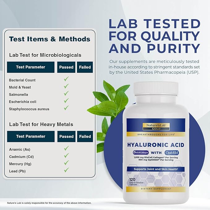 Nature's Lab Hyaluronic Acid with Biocell Collagen and MSM - Skin Hydration, Joint Health - 120 Capsules (40 Day Supply)